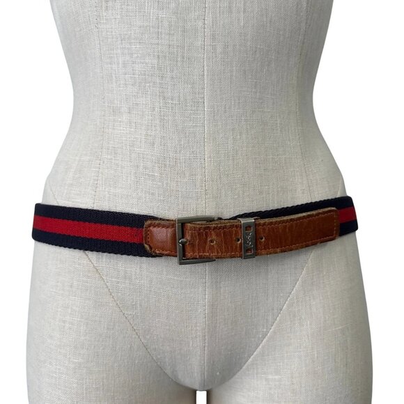 Vintage YSL 1980s Womens Surcingle Belt Red Blue Striped Canvas Preppy Ivy 34\